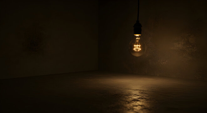 Hanging Bulb Illuminates Empty Room Casting Light Across Textured Surface