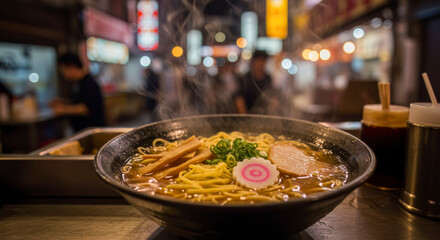Steaming Bowl of Ramen Noodles at Night Market Delicious Japanese Street Food