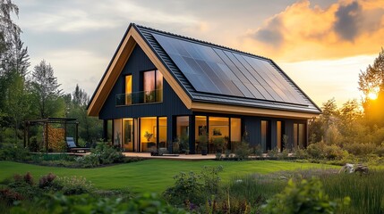 Solar Panels on Modern House at Sunset with Energy-Efficient Garden