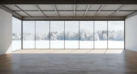 Fototapeta premium unpopulated interior space design open area large transparent panels providing view winter snow wooden patterned floor covering roof made corrugated sheets contemporary minimalist architectural
