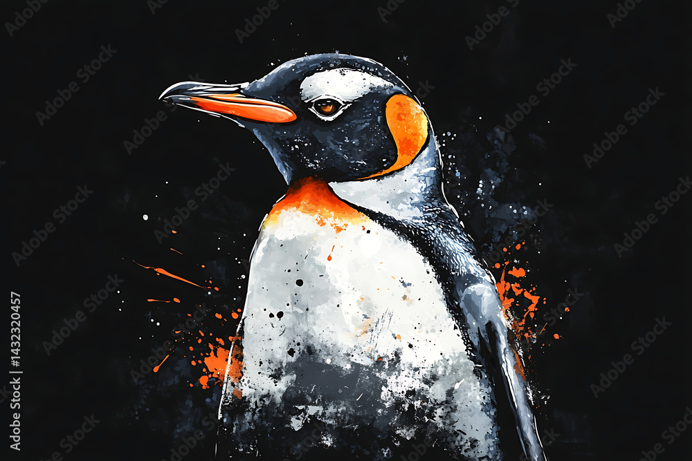 Poster artistic depiction of a penguin with vibrant splashes of color on a dark background