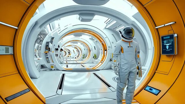 Astronaut explores futuristic white and orange spaceship corridor
