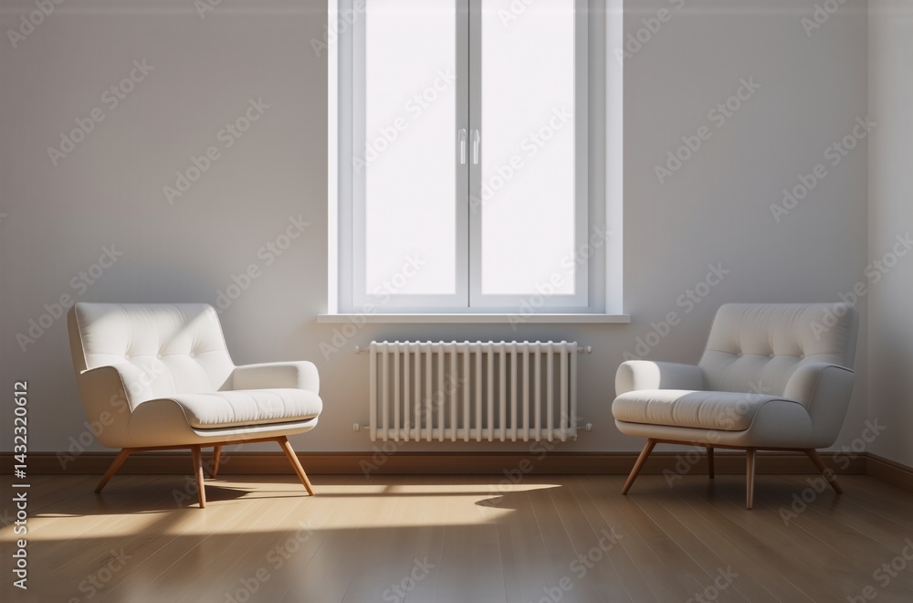 Aufkleber sunlight streams into a minimalist room, illuminating two off-white armchairs positioned symmetrical