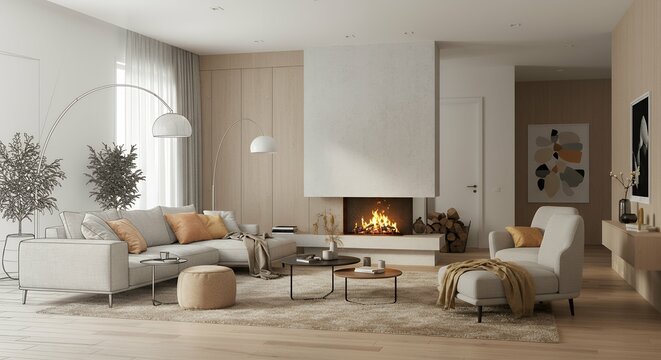 concept related to architectural interior design uncompleted project becomes actual elegant common living space structure burning fuel upholstered seating item soft articles floor covering armless