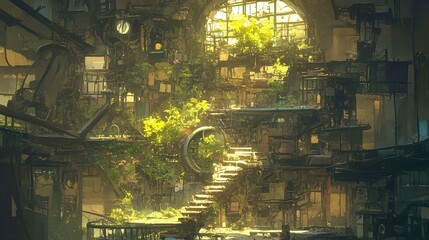 Obraz premium Nature's Reclamation in an Abandoned Stairway, overgrown vines intertwine with steel beams, cherry blossoms drift through shattered skylights, warm light filters through dust.