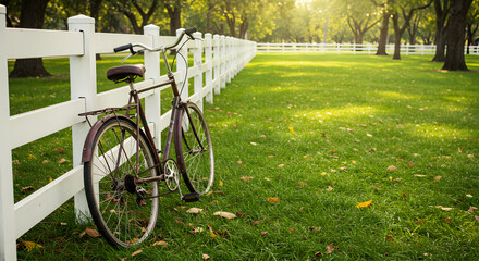 Fototapeta premium Vintage Bicycle Leaning Against a White Fence on a Grassy Field