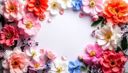 Fototapeta premium 白い背景に花が散りばめられたイラスト 中央は空白