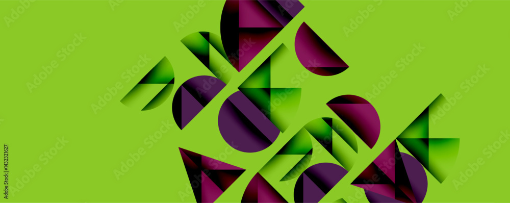 Aufkleber Abstract geometric shapes overlap vibrant green background. Purple, black gradients create dynamic visual texture. Modern design element.
