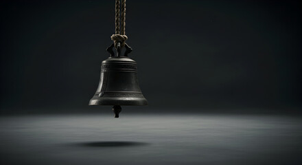 Obraz premium Vintage Bell Suspended By Rope Against A Dark Backdrop For Announcements