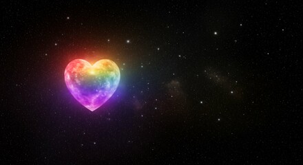 Cosmic spectrum colored heart shape light dark starry night deep space spectrum colored heart shape spectrum colored light radiating outwards unoccupied area content right
