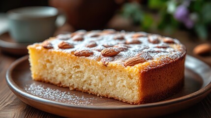 A slice of almond cake, dusted with powdered sugar, sits on a plate