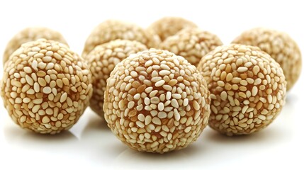 A close-up shot showcases a delightful pile of golden sesame seed balls, perfect for a sweet treat or festive snack.