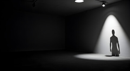 Illuminated Silhouette Person Standing Spotlight Against Wall Creating Dramatic Shadows
