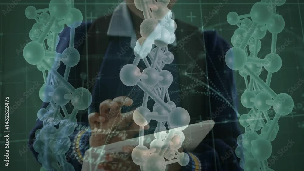 Poster professional tapping tablet in tech research lab, displaying floating molecular and data graphics