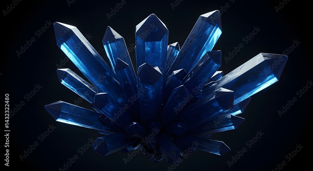 Poster a cluster of sharp blue crystals radiating from a central point against a dark background space view