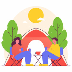 Fototapeta premium Couple Enjoying Coffee Camping Site Digital Illustration Nature Front View Relaxation