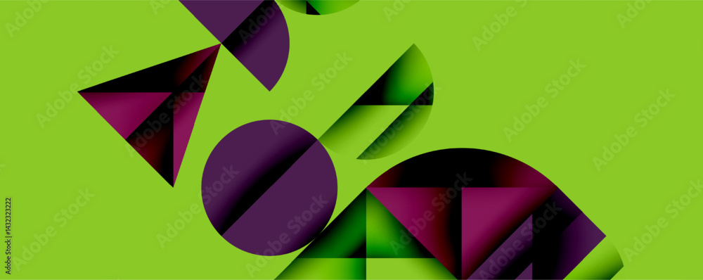 Fototapete Abstract geometric shapes overlap vibrant green background. Purple, black gradients create dynamic visual composition. Modern design elements present.