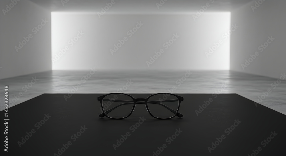 Poster modern eyeglasses on a minimalist platform with soft glowing background