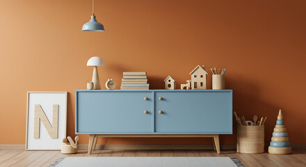 Stylish kids room with blue console table, wooden toys, and orange wall. Cozy interior for creative play and learning. Child-friendly design.