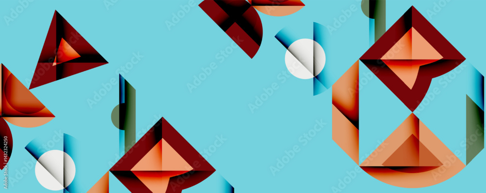 Poster Abstract geometric shapes float over light blue background. Red, orange, white elements create dynamic composition. Minimalist design.