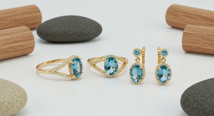 Behold elegant jewelry set featuring radiant golden ring matching earrings adorned stunning blue topaz gemstone beautifully presented clean white natural stones wood accents embodying minimalist