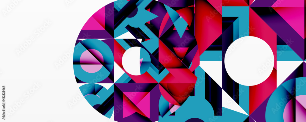 Poster Abstract geometric composition. Vivid colors, sharp angles, overlapping shapes create dynamic visual impact. Modern design elements present.