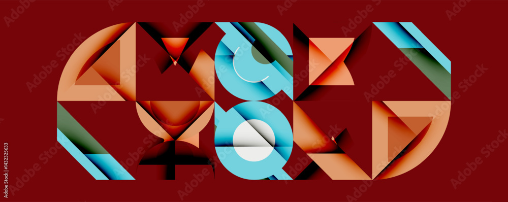 Leinwandbilder Abstract geometric composition. Shapes overlap, creating dynamic visual effect. Warm, cool colors contrast against deep red background.