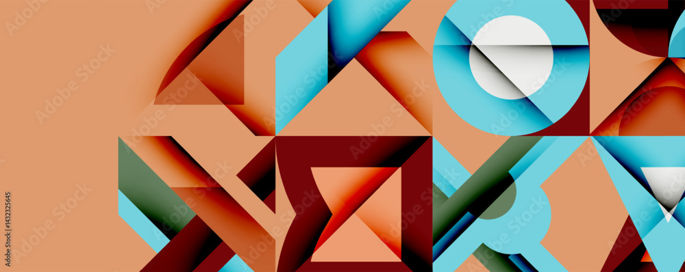 Poster Abstract geometric shapes overlap, creating dynamic composition. Warm tones dominate with cool accents. Minimalist design.