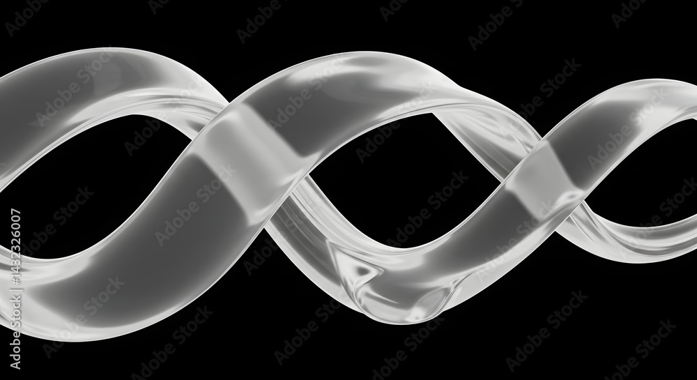 Poster abstract rendering of a translucent twisted ribbon shape against a stark black background creating a