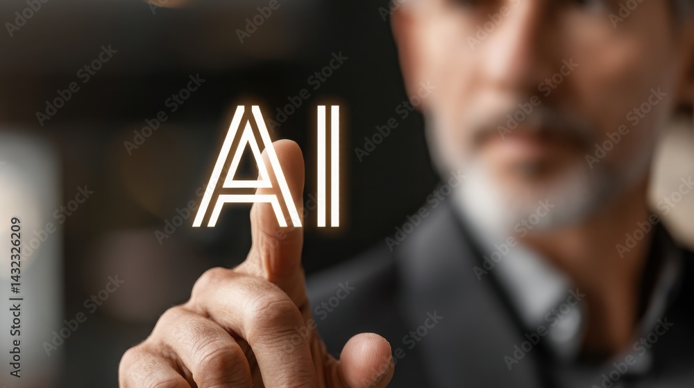 Poster businessman pointing at the word ai highlighting the importance of artificial intelligence in modern