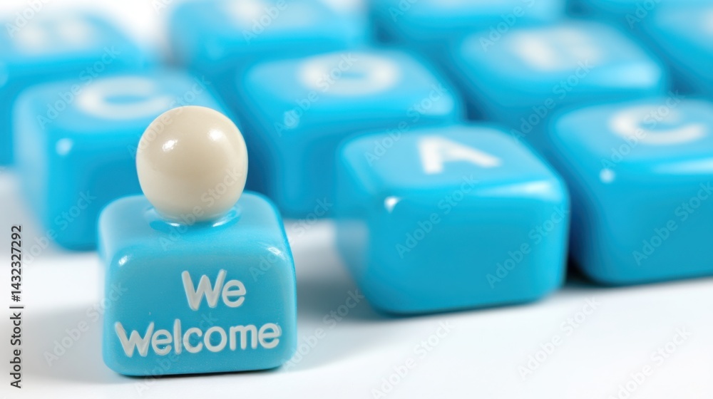 Poster engaging image of a person holding a blue cube with we welcome text illustrating client onboarding a
