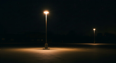 Illuminated Night Parking Lot with Streetlights Under Starry Dark Sky