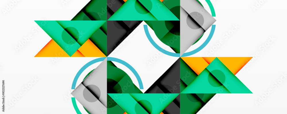 Fototapete Geometric pattern features triangles, circles, squares. Bright colors create symmetrical design. Modern abstract composition.