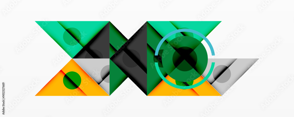 Poster Abstract geometric composition. Overlapping triangles, circles create dynamic visual effect. Green, orange, gray hues dominate design.