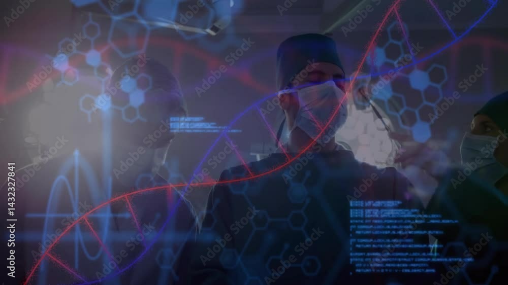 Poster surgeons manipulating holographic medical data interface in operating room with dna helix visuals
