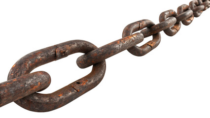 Fototapeta premium Rusty Chain in close up: A close-up shot of a robust rusty chain. The image depicts individual links. The texture of rust is visible against the isolated background, representing the passage of time.