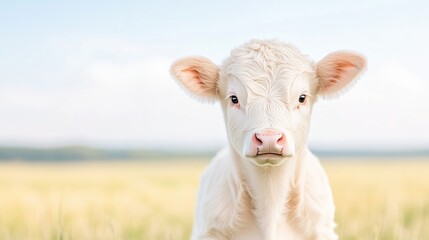 Obraz premium White Calf in Field Soft Focus High Resolution Portrait Close-up View Gentle Fur Peaceful Scene Golden Wheat Field Warm Sunny Hues Perfect for Agriculture Ads