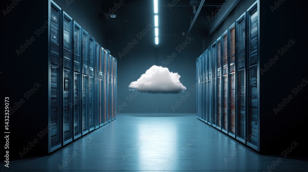 Poster cloud formation in a modern server room representing advanced technology and digital infrastructure 