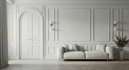Showcasing neoclassic living room design concept total white project draft features molded walls arched doorway curtains parquet flooring modern velvet sofa providing ample copy space within classic