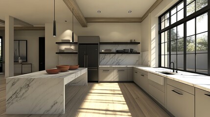 Fototapeta premium A minimalist modern kitchen with sleek matte black fixtures, luxurious marble countertops and open shelving that showcases elegant ceramic bowls.