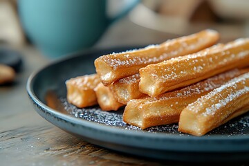 Fresh churros dusted with powdered sugar served on dark plate, close up view of traditional Spanish dessert with crispy golden exterior and soft interior.