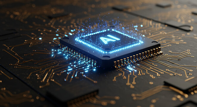 Close-up of a microchip with embedded AI core, surrounded by electronic circuits and glowing data pulses, macro photography style