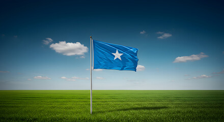 Somalian Flag Waving Proudly On A Green Field Under Blue Sky