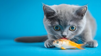 Naklejka premium Curious gray kitten interacts with vibrant goldfish on blue background