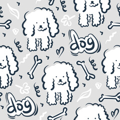 Vector pattern with cute poodle on pastel blue. Cute dog pattern. White dog seamless pattern for textile