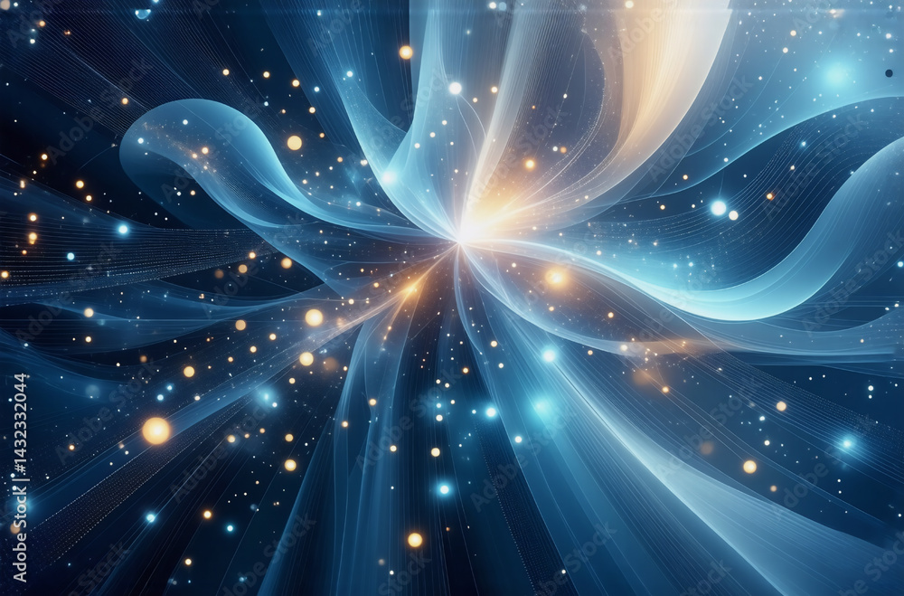 Aufkleber abstract image features blue and golden light rays radiating from a bright center, with sparkling do