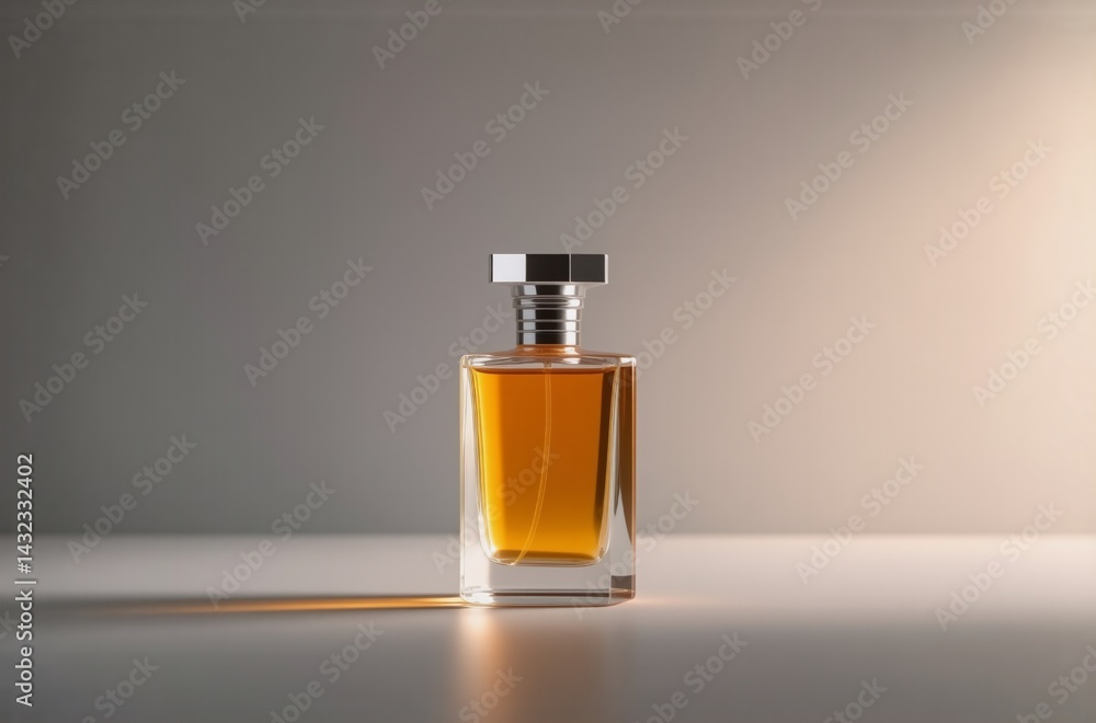 Poster a rectangular amber perfume bottle with a silver cap sits on a minimalist grey surface, illuminated 