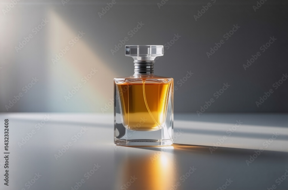 Poster elegant amber perfume in a clear glass bottle, sits on a reflective surface. sunlight streams across