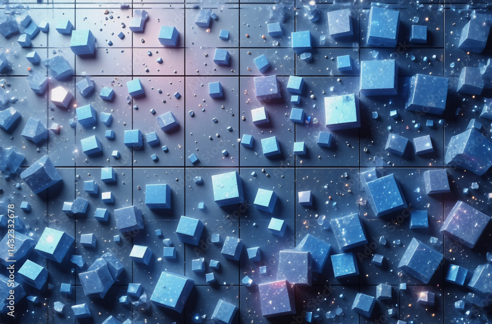 Poster scattered blue cubes of varying sizes float above a tiled surface with subtle lighting, creating dep