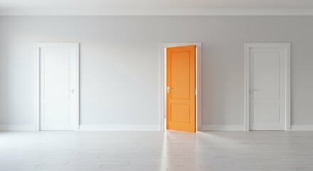Fototapeta premium Explore empty room interior design featuring two pristine white closed doors one inviting open orange door clean frame set warm wooden white floor embodying concept choice decision making selection